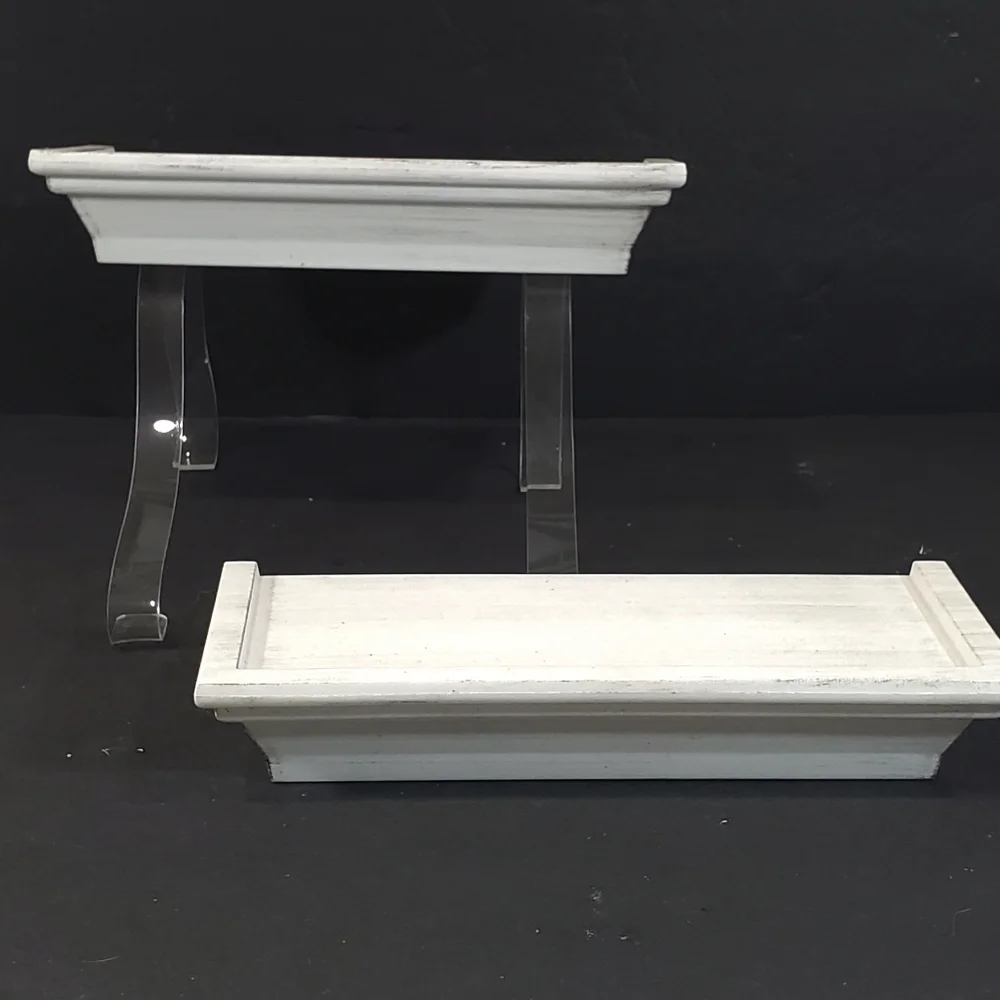 2 Distressed White Resin Floating Wall Shelves w Hanging Hooks Home Decor Accent